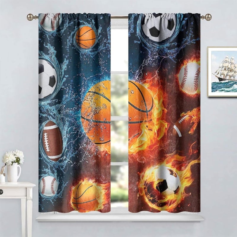 YCness Boys Sports Kids Curtains for Bedroom, Fire Basketball Football Soccer 3D Ball Window Treatments for Living Room,Teen Boys Girls Room Decor Drapes 2 Panel Sets,52x84 Inch - Image 4